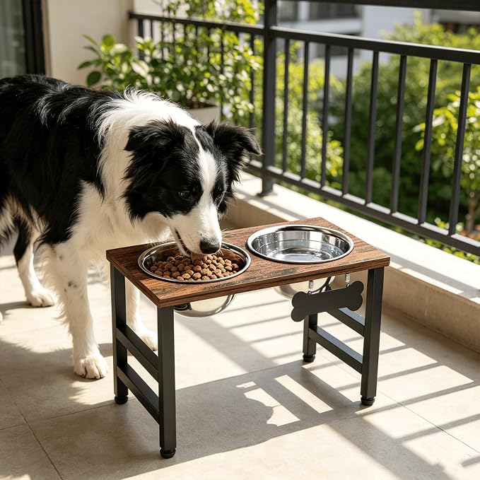 10" Tall Elevated Dog Bowls, Wooden & Metal Raised Dog Bowl Stand with 2 Stainless Steel Bowls-1700ml Capacity & Non-Slip Mat, Easy-Clean for Indoor/Outdoor Use - Image 6