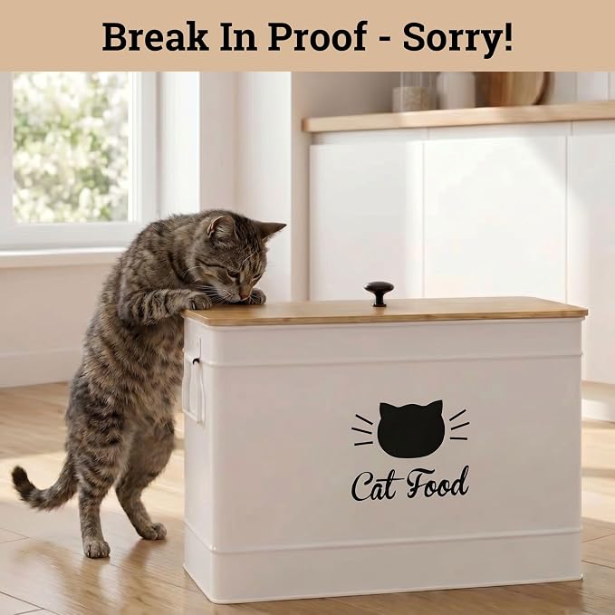 Metal Cat Food Container with Scoop, 15lb (50 Cup) w/ Airtight Bamboo Lid | 15 lb / 50 Cup Capacity, 1 Cup Metal Scoop, Durable Powder Coated Iron Body, Rubber Lined Bamboo Lid, Sturdy Metal Handles - Image 9