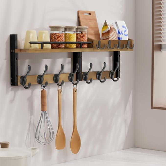 29 inch Coat Rack Wall Mount with Shelf, Entryway Wall Shelf with Hooks, Heavy Duty Coat Hanger Wall Mount with Key Holders and Mail Organizer for Living Room, Bedroom, Wooden Brown & Black - Image 7