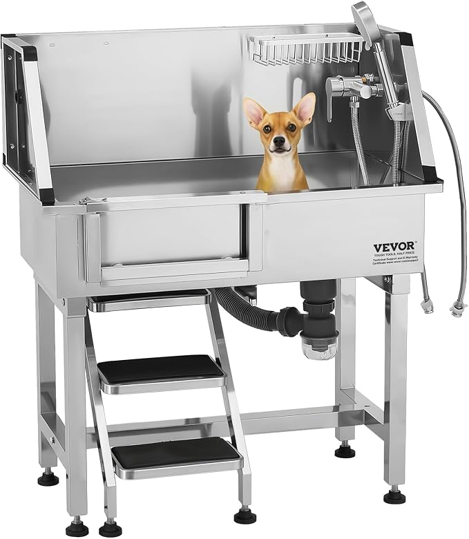 VEVOR Professional Dog Washing Station, 34 Inch Stainless Steel Pet Grooming Tub with Hot Cold Faucet, Adjustable Showerhead, Non-Slip Stairs & Side Sink, for Small to Medium Dogs and Cats (Left Door) - Image 12