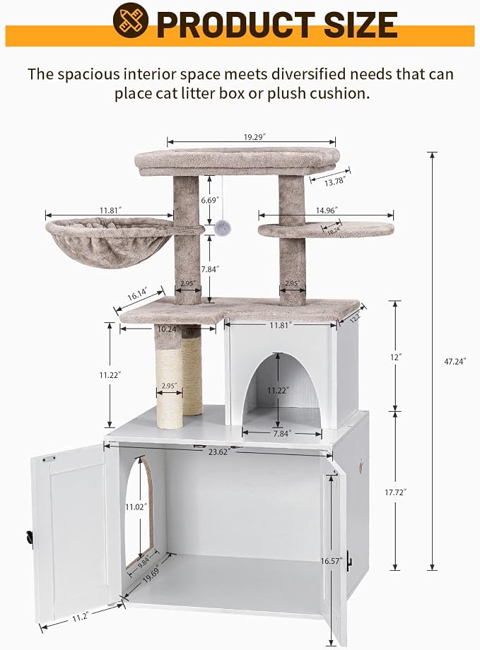 Snughome Cat Litter Box Enclosure with Cat Tree Tower and Condo, Hidden Washroom Furniture with Sisal Scratching Post and Soft Plush Perch, Wooden Cat Furniture with Multiple Platforms, White - Image 7