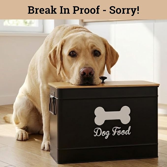 Metal Dog Food Container 15-20 lbs w/ Airtight Bamboo Lid, 70 Cup Capacity | Pet Jar For Dogs up to 100lbs, Airtight Bamboo Lid, Sturdy Comfortable Metal Handle, Powder Coated Iron, Kibble Storage Bin - Image 9