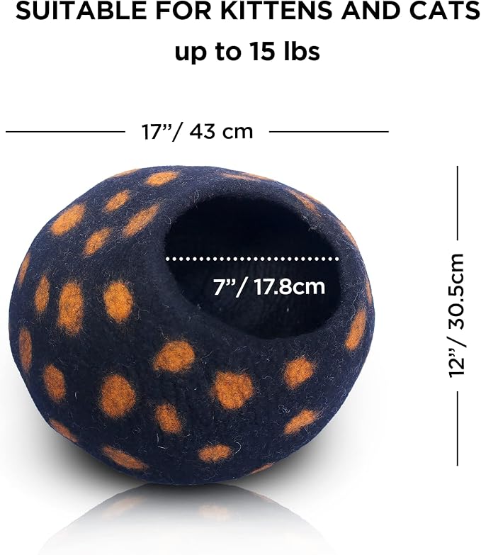 Woolygon Premium Felt Cat Cave Bed – Wool Kitty Beds Handcrafted Kitten Caves Bed for Indoor Cats - Made from Merino Wool, Foldable Cat Hideaway Covered Cat House Pod (Black Polka) - Image 4