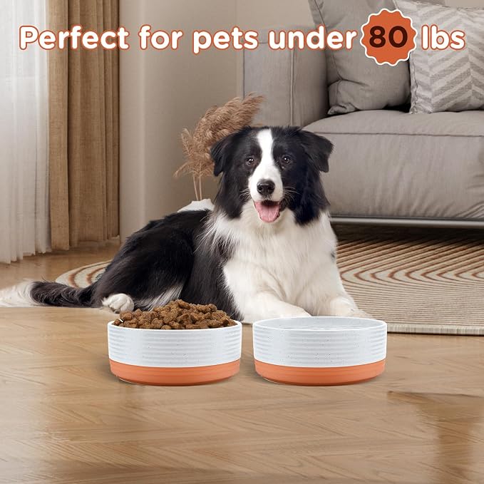 SPUNKYJUNKY Ceramic Dog Bowls 2 Pack, 7.3'' Dog Food Water Double Feeding Bowls Non-Slip for Medium to Large Sized Breed Microwave Dishwasher Safe - 42 OZ, 2pcs, Pattern White - Image 6
