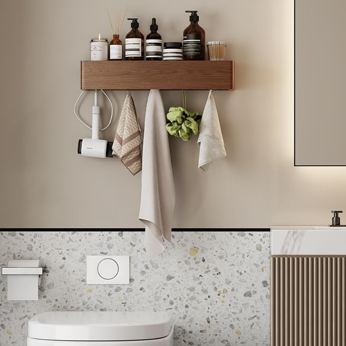 CycleCrew Solid Wood Wall Mounted Coat Rack with Shelf Hooks - Modern Floating Shelves with 5 Hidden Hooks, Heavy Duty Entryway Coat Key Holder Hanger for Hallway Bathroom Bedroom Home Decor - Image 9