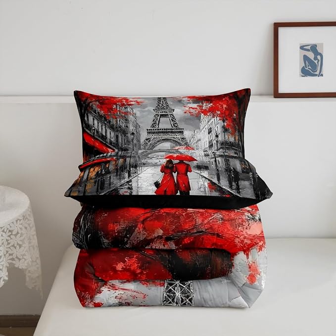 Eiffel Tower Comforter Set King Size for Girls Women Romantic Paris Street Bedding Sweet Couple Lover Red Flowers Floral Quilted Duvet French Style Down Comforter Chic Paris Cityscape Comforter - Image 6