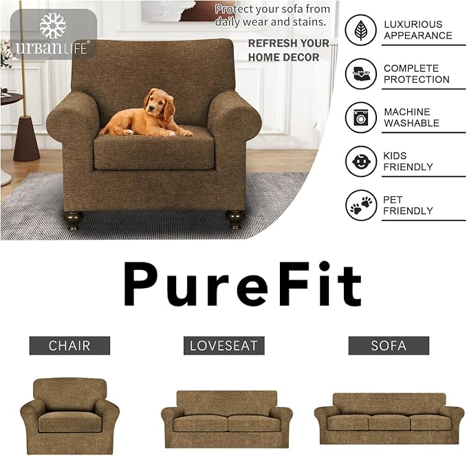 URBANLIFE 2-Piece Stretch Sofa Covers for 1 Cushion Couch, Brown | Super fitted spandex slipcovers for couches. Non-slip elastic bottom. Machine washable furniture protector for kids & pets. - Image 7