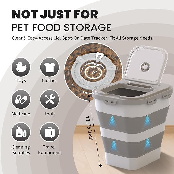35-40Lbs Airtight Dog Food Storage Container Collapsible Dog Food Container | Large Pet Food Storage Container with Lid, Wheels,Date Track,Keep Fresh for Rice,Flour,Sugar,Scoop,2PCS Container - Image 7