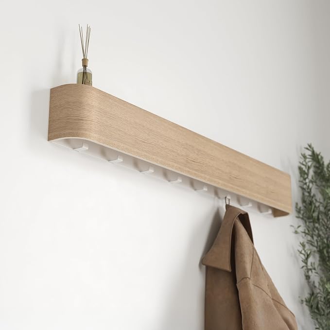 Kazai. Wall-Mounted Coat Rack 'Toke' - Modern Design Coat Rack with Hidden Wall Hooks - Solid Wood Veneer Panel Coat Hanger - Oak, White - Image 7