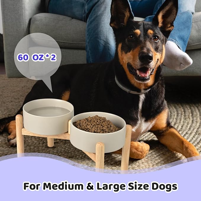 SPUNKYJUNKY Ceramics Elevated Dog Bowls with Wooden Stand - Raised Dog Bowl for Medium Large Dogs - Double 60OZ Bowls, Grey - Image 7