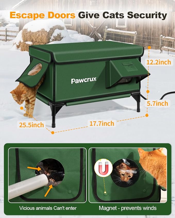 Weatherproof Heated Cat House for Outdoor in Winter, Heated Cat Bed Kitty Shelter with Cat Heating Pad, Insulated & Safe Escape Door, Warm House for Outside Stray Cat (Green, 17"x25"x17") - Image 6
