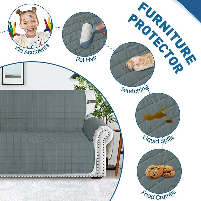 MAXIJIN Waterproof Couch Covers for 3 Cushion Couch Sofa Pet Friendly, 69" Quilted Sofa Covers Washable Dog Couch Cover Protector with Elastic Strap & Side Pocket (Sofa, Dark Gray) - Image 7
