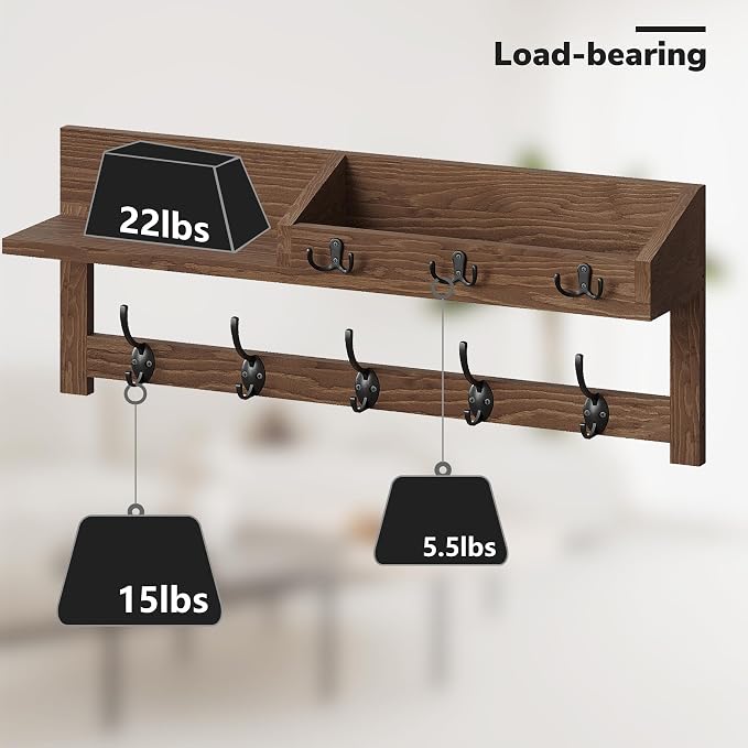 AMBIRD Wall Hooks with Shelf, 26.57 Inch Entryway Wood Coat Hooks for Wall with Shelf, Coat Rack Wall Mount with 5 Dual Hooks 3 Key Hooks Mail Organizer and Key Rack Holder (Brown) - Image 7