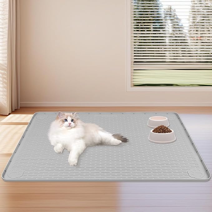 Dog Food Mat 40''x40'' Extra Large Dog Mat for Food and Water, Light Grey | Silicone Dog Bowl Mat with Raised Edge, Waterproof Non-Slip Pet Feeding Mat for Floors, fit for Dog Cat Bowls - Image 6