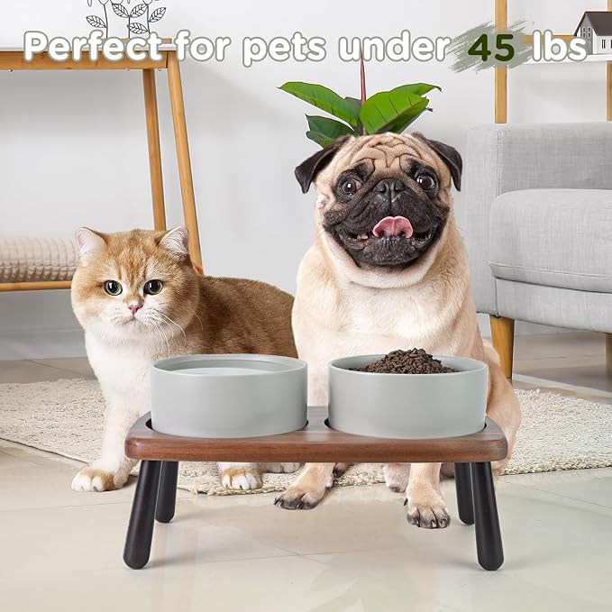 SPUNKYJUNKY Ceramic Elevated Dog Bowls Raised with Acacia Bamboo Wooden Stand, 6.1'' Dog and Cat Food Water Bowls Set Non-Slip for Small Medium Sized Breed Microwave Dishwasher Safe - 28.7 OZ,Grey - Image 7