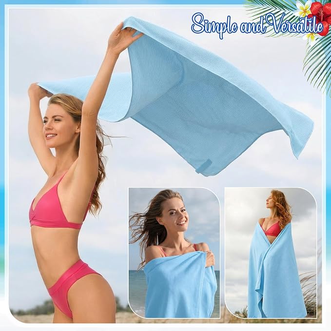 EBOOT 10 Pack Oversized Beach Towel Set Extra Large Pool Towels Microfiber Quick Dry Swim Blanket for Adult Women Men Face Hand Body Bath Travel Pool(Light Blue,31 x 63 Inch,Micro Stripe) - Image 7