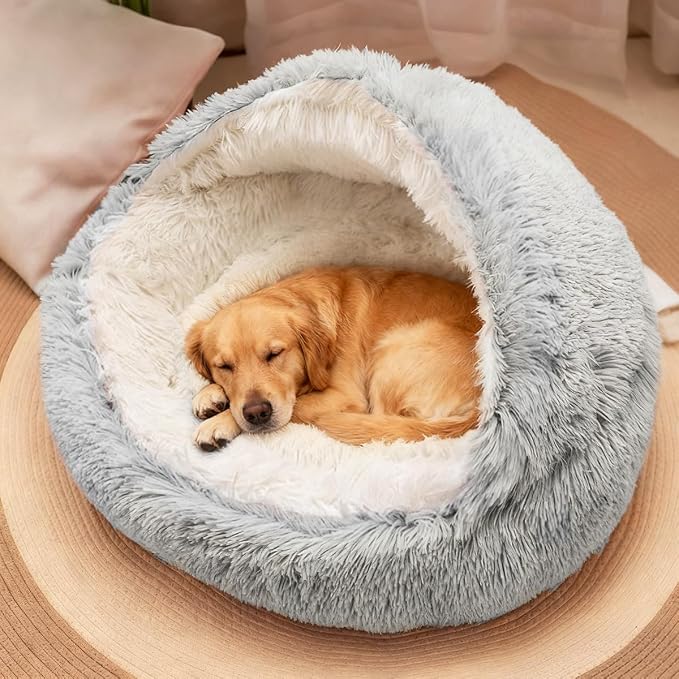 ShinHye Round Plush Fluffy Hooded Cat Bed Cave, Cozy for Indoor Cats or Small Dogs, Waterproof Bottom, Washable(30 in) - Image 6
