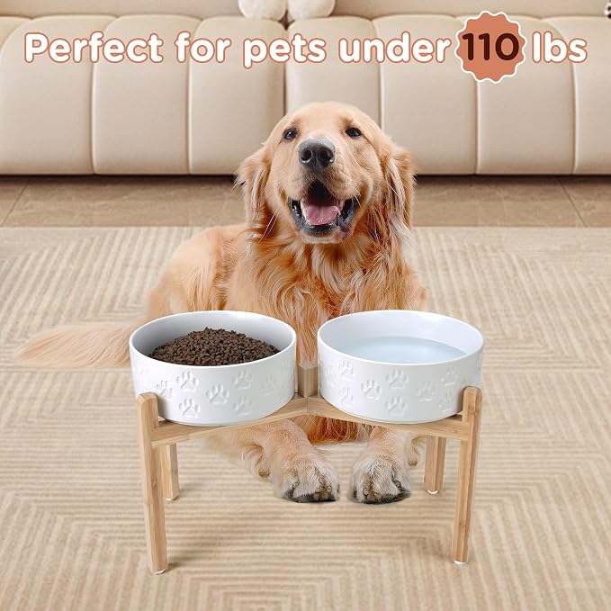 SPUNKYJUNKY Elevated Dog Bowls Ceramic, 8.3'' Dogs Food Water Bowls Raised with Non-Slip Bamboo Stand for Large Sized Breed Microwave Dishwasher Safe - 60 OZ,Paw White - Image 7