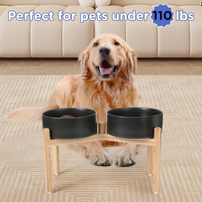 SPUNKYJUNKY Elevated Dog Bowls Ceramic, 8.3'' Dogs Food Water Bowls Raised with Non-Slip Bamboo Stand for Large Sized Breed Microwave Dishwasher Safe - 60 OZ,Black - Image 7