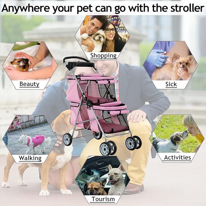 Dkeli 4 Wheel Pet Stroller for Small and Medium Dog Cats, Double Dog Stroller with Cup Holder, Folding Travel Cage for 2 Puppies or Two Kittens, Pink