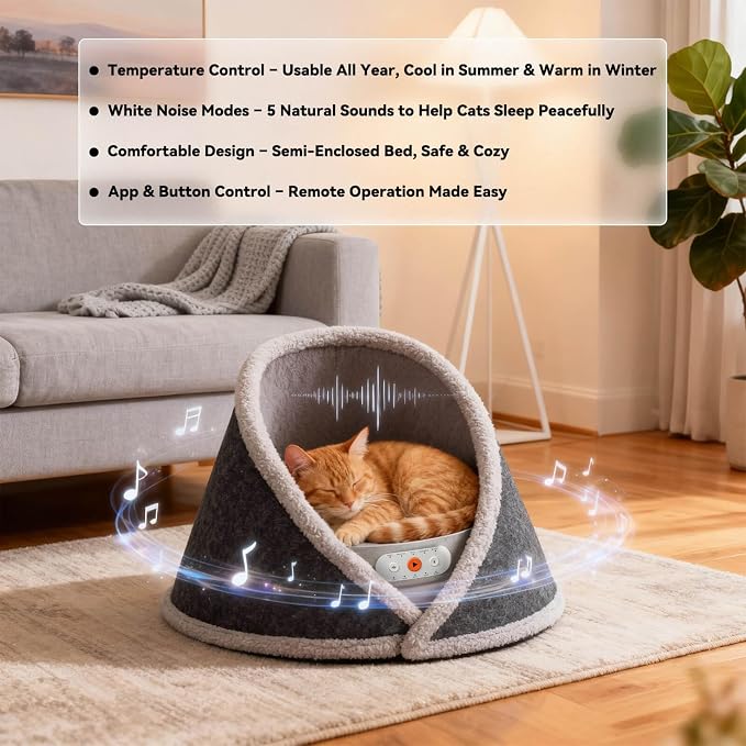 Heated & Cooling Cat Bed with 5 White Noise Modes, Cat Cave Bed with Mat Smart Temperature Control, Indoor Cozy Bed for Small and Medium Cats - Image 9