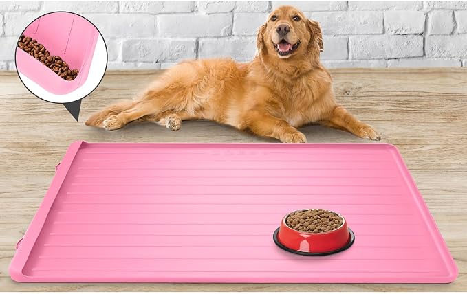 Dog Bowl Mat for Food and Water - 39.4" x 27" Thickened Large Dog Food Mat | Waterproof Pet Bowl Mat with Residue Collection Pocket and High Edges to Prevent Water and Food Spills - Pink - Image 7