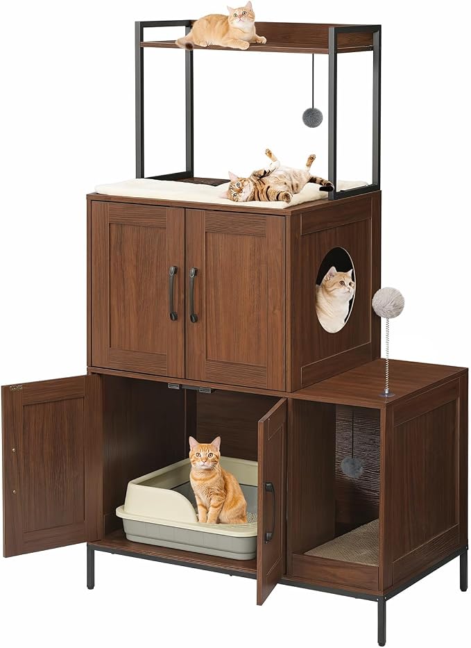 HOOBRO Litter Box Enclosure, Litter Box Furniture with Storage, 2-in-1 Hidden Cat Furniture with Shelf, 2 Dangling Plush Balls and 1 Toy Ball, Large Wooden Cat Washroom, Walnut WL78MW01 - Image 9