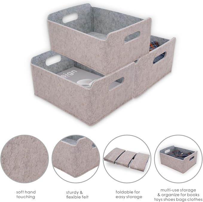 Welaxy Storage Baskets Collapsible Felt Storage bin Foldable Shelf Drawers Organizers for Kids Pet Toys magazine Books Clothes Closet Cabinet decluttering (Oatmeal +Gray) - Image 5
