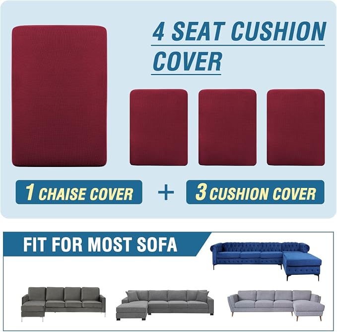 H.VERSAILTEX Sectional Couch Covers 4 Pieces Sofa Seat Cushion Covers L Shape Separate Cushion Couch Chaise Cover for Both Left/Right Sectional Couch (Seat Only: 1 Chaise + 3 Sofa, Burgundy) - Image 8