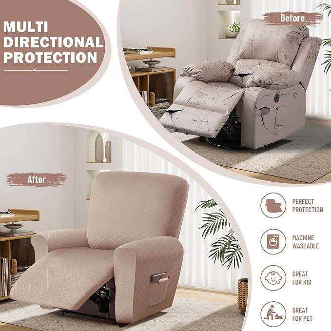 vctops Diamond Recliner Cover 4-Pieces Recliner Stretch Sofa Slipcover 1 Seater Couch Protector Soft Solid Furniture Protector Covers with Elastic Strap (Camel,1 Seat) - Image 5