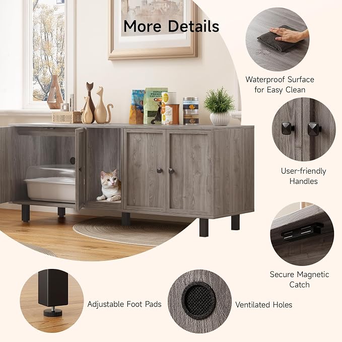 ONBRILL 59 Inches Cat Litter Box Enclosure for 2 Cats, Hidden Litter Boxes Furniture with Cat Scratch Pad, Large Indoor Pet House with Double Room, Wooden TV Stand Side Table, Grey - Image 8