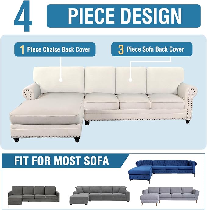 H.VERSAILTEX Backrest Cushion Covers Sectional Couch Back Cushion Covers for Sectional Sofa Set for Both Left/Right Couch (Back Only: 1 Chaise + 3 Sofa, Ivory) - Image 8
