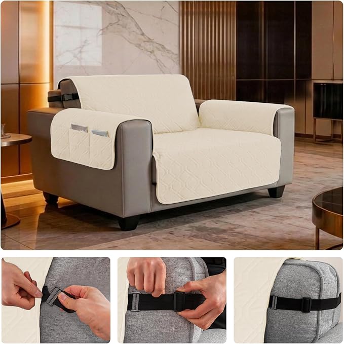 100% Waterproof Couch Cover, Straps&Pockets,pet Friendly,46" Beige | Washable sofa cover, pet-friendly, scratch-resistant furniture protector, quilted sofa cover, reversible, non-slip backing. - Image 6