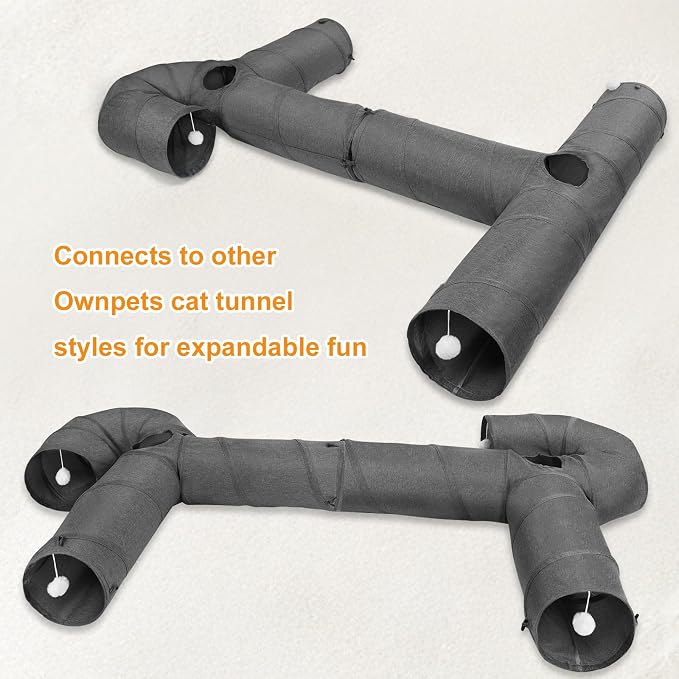 Ownpets Cat Tunnel Large 3 Way Collapsible Cloth Pet Tunnel Tube with Plush Ball & Feather Toy, U-Shaped Cat Play Tunnel for Indoor Cat, Puppy, Kitty, Kitten, Rabbit(Gray) - Image 9