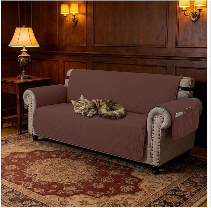 100% Waterproof Couch Cover,Straps&Pockets,pet Friendly,78" Coffee | Washable sofa cover, pet-friendly, scratch-resistant furniture protector, quilted sofa cover, reversible, non-slip backing. - Image 7