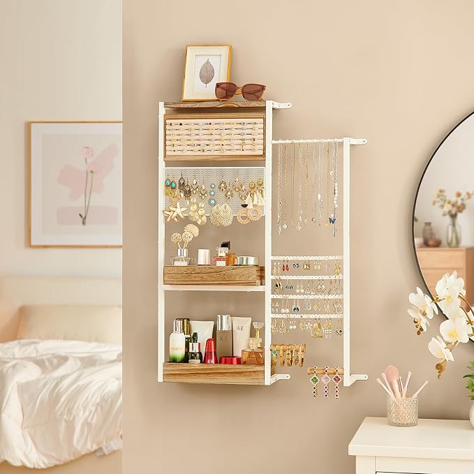 Pinzoveco Hanging Jewelry Organizer Wall Mounted, Large Hanging Jewelry Organizer Holder for Necklaces,Bracelest,Earrings,Rings,Watched,Makeup & Perfume (White) - Image 7