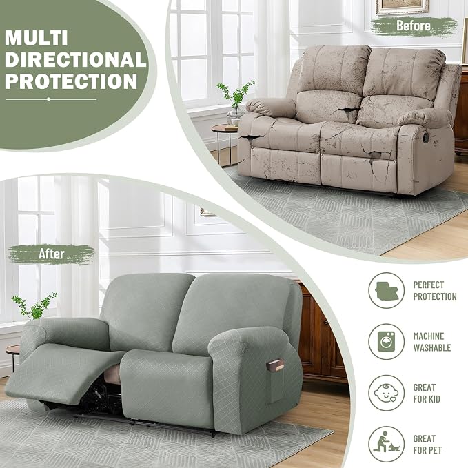 vctops Diamond Recliner Loveseat Slipcover 6-Pieces Stretch Dual Recliner Sofa Covers for 2 Seat Dual Reclining Loveseat Couch Soft Solid Furniture Protector (Greyish Green,2 Seat) - Image 5