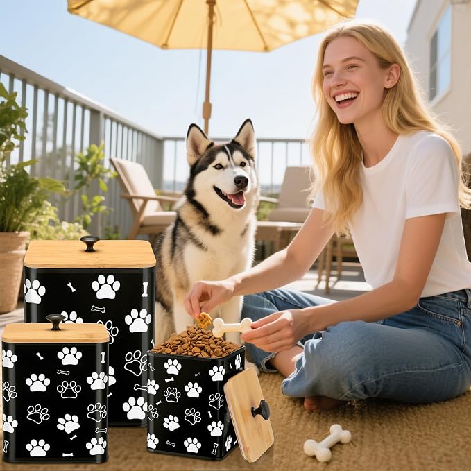 Reallnaive Airtight Dog Treat Container Set of 3 with Bamboo Lids Metal Treat Jars for Countertop Decorative Pet Snack Food Storage Canister Kitchen Biscuit Holder(Black) - Image 6