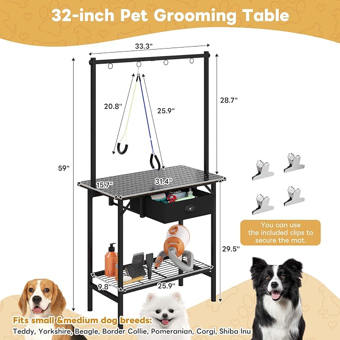 Dog Grooming Table with Drawers and Mesh Tray,32 Inch Adjustable Pet Grooming Table with Non-slip Removable Washable Mat and EVA Protective Lanyard ,Professional Grooming Table for small Dogs at Home - Image 9