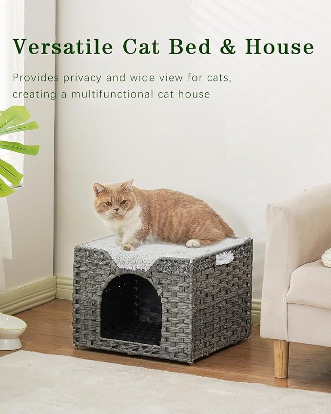 SETVSON Cat Beds Indoor Kitten House, Handwoven Rattan PE Cat Cave, Gray | 2-in-1 Kitty Condo with Top Perch & Bottom Cave, Furry Canvas Dual Cushion, 2 S-Hooks, Steel Frame, 16.5x16.5x13.2 In - Image 7