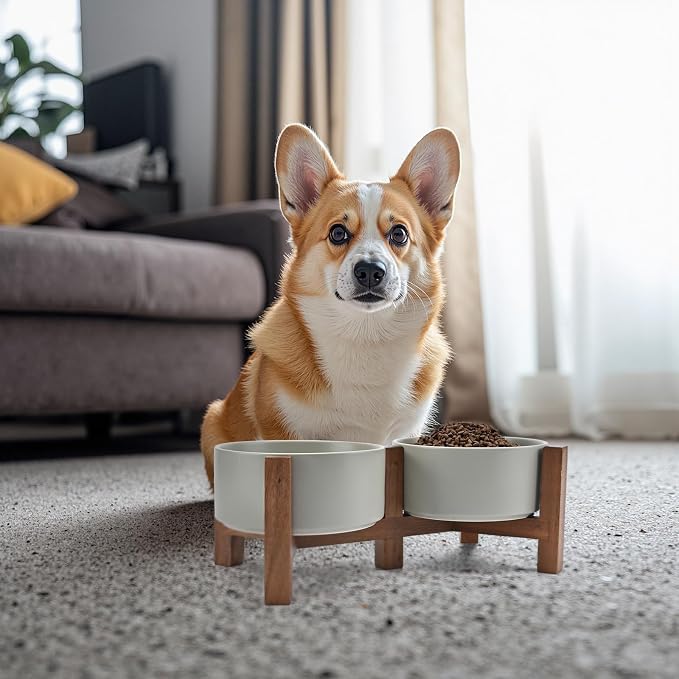 SPUNKYJUNKY Ceramic Dog Bowls with Acacia Wood Stand - Raised Dog Food and Water Bowl Set for Medium Dogs (28.74 OZ, Gray) - Image 7