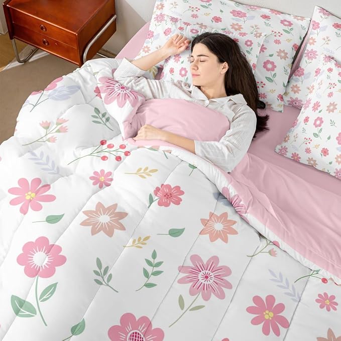 Feelyou Cute Flower 7 Piece Bedding Set Fresh Flower Floral Comforter Set with Sheets for Kids Boys Girls Nature Plants Bed in a Bag Pink Green Bed Set Soft Lightweight - Image 7
