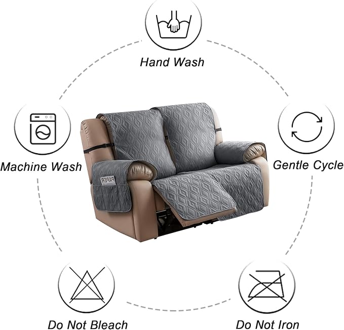 Genina Loveseat Recliner Cover Non-Slip, Sofa Cover for Reclining Couch 2 Seat, Loveseat Covers Double Recliner Furniture Protector Cover with Elastic Straps for Pets (Dark Gray, Recliner Loveseat) - Image 9