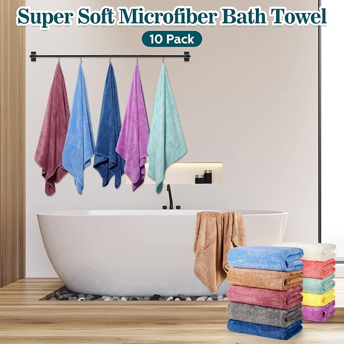 Mixweer 10 Pieces Bath Towel Set, Microfiber Coral Velvet Highly Absorbent Towels for Bathroom Body Shower Beach Travel, 28 x 55 Inches(Multicolor) - Image 7