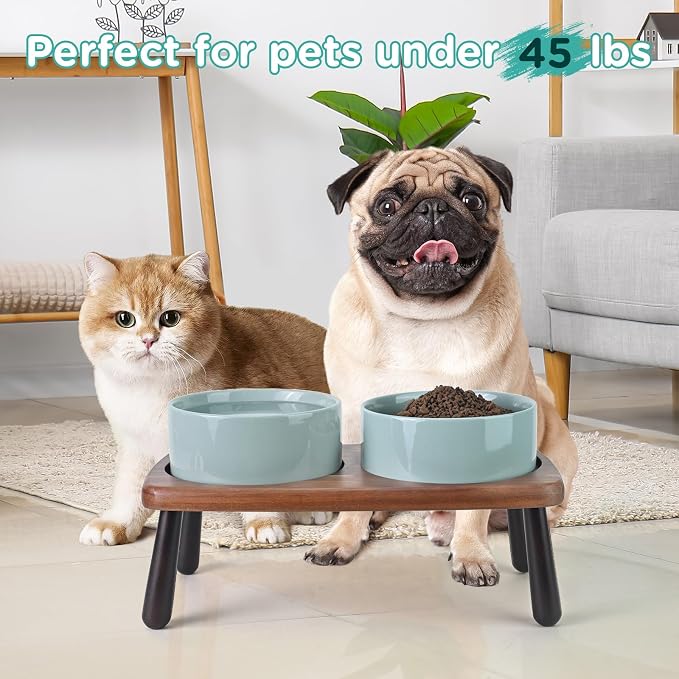 SPUNKYJUNKY Ceramic Elevated Dog Bowls Raised with Acacia Bamboo Wooden Stand, 6.1'' Dog Cat Food Water Bowls Set Non-Slip for Small Medium Sized Breed Microwave Dishwasher Safe - 28.7 OZ,Light Green - Image 7