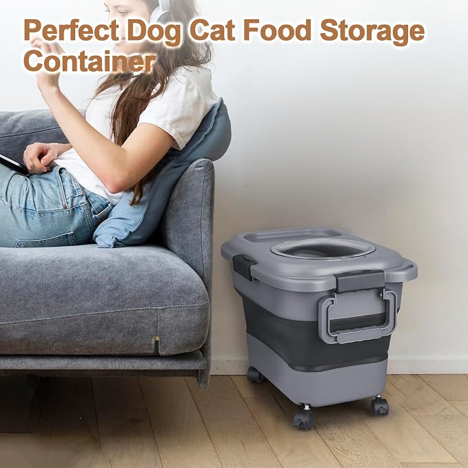 Dog Food Storage Container,23-25 lbs Airtight Collapsible Cat Food Storage Container with Attachable Wheels, Portable Handle, Dog Food Scoop for Dog Cat Bird Pet Dry Food Storage Bin Dark Grey - Image 7