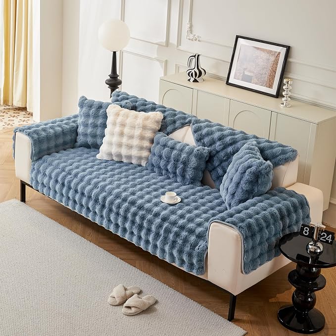 DREAMINGO Faux Fur Couch Backrest Cover, Soft Plush Sofa Covers for Pet Washable, Non Slip Furniture Protector for 2-3 Cushion Couch Sofa, 35.4x35.4 Inch, Blue - Image 7
