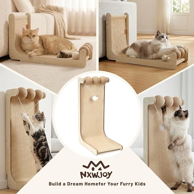 26.8 "Large Sisal Cat Scratcher with Sisal Ball and Bell Plush Toy | Wooden Cat Scratcher Pad, L-Shaped Scratching Post for Indoor Cats Adults, Vertical Cat Scratcher Board to Protect Furniture - Image 7