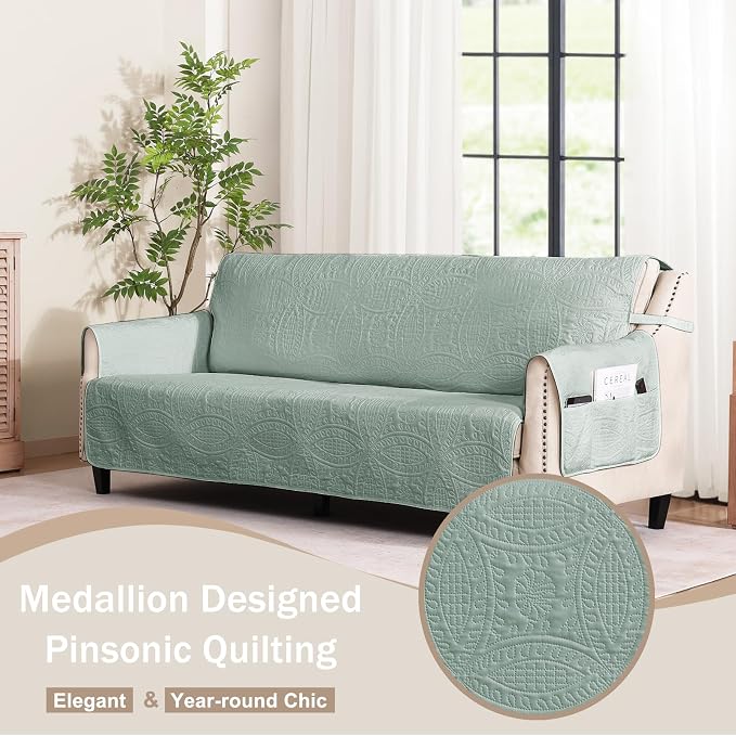 Sage Blue Loveseat Covers for 2 Cushion Couch, Water Repellent Slip Covers for Sofa, Washable Love Seat Quilted Couch Covers, Pet Friendly Loveseat Slipcovers (Loveseat 48", Sage Blue) - Image 8