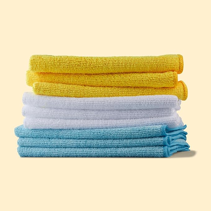 Amazon Basics Microfiber Cleaning Cloths for Cars, Non-Abrasive, Highly Absorbent, Lint and Scratch-Free, Reusable and Washable, Car Detailing Towels, 16" x 12", Blue/White/Yellow, 144-Pack - Image 8